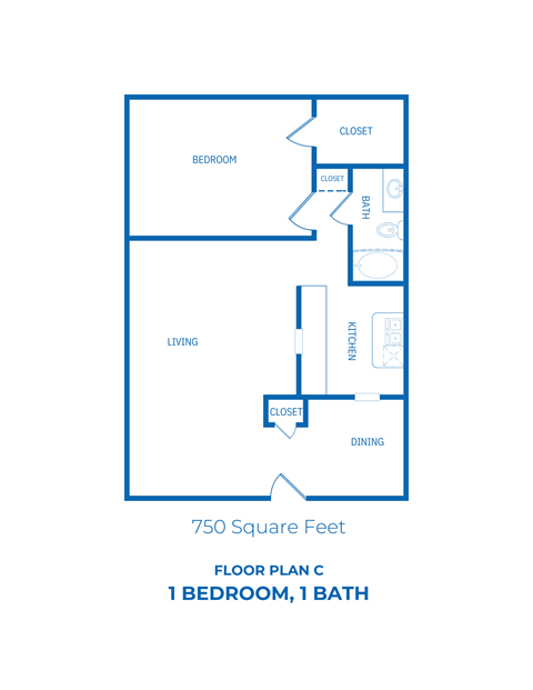 Floor plan for 1 bed, 1 bath, 750 sqft